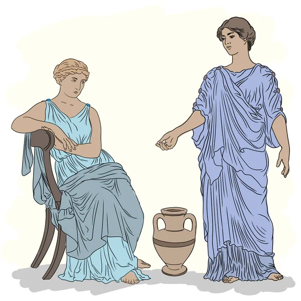 チュニックの2人の古代ギリシャ人女性がワインの瓶の近くで話す — ストックベクタ