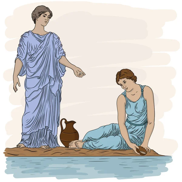 Nehir Kenarındaki Tunik Giymiş Iki Eski Yunan Kadını Bir Sürahiyi — Stok Vektör