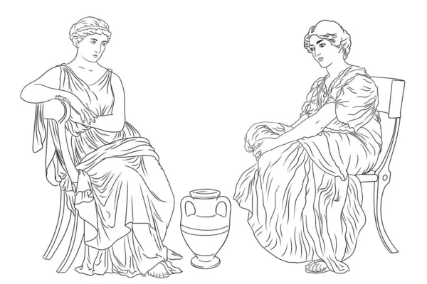 Deux Anciennes Grecques Assoient Sur Des Chaises Près Une Cruche — Image vectorielle