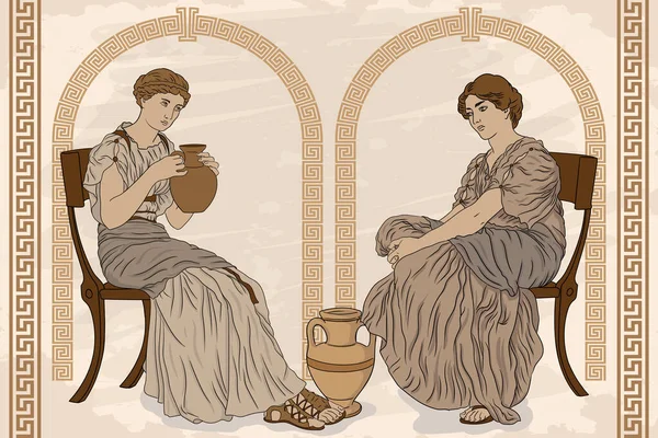 Antik Yunan Kadını Bir Sandalyede Oturur Bir Sürahide Şarap Içerler — Stok Vektör