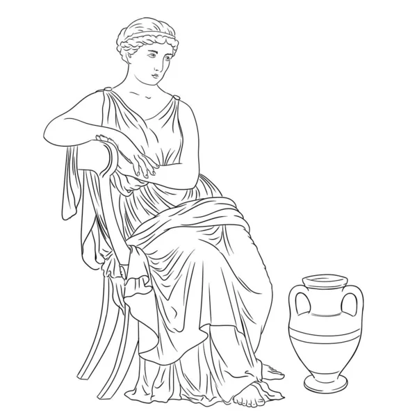 Mulher Grega Antiga Senta Uma Cadeira Perto Jarro Vinho Figura —  Vetores de Stock