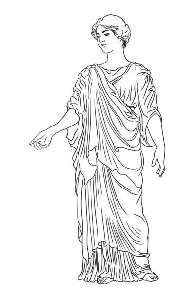 チュニックとケープの古代ギリシャの若い女性が離れて見てジェスチャーを立っています 白地に隔離された図 — ストックベクタ