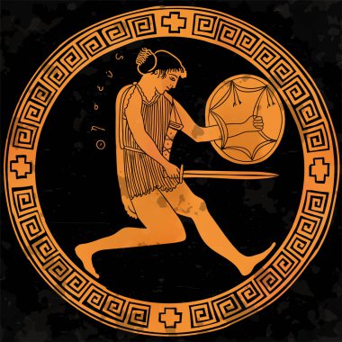 Antik Yunan kahramanı Theseus elinde kılıç ve kalkanla saldırıya hazırlanıyor. Antika tabaklarda milli süs eşyasıyla bir çerçeve çizmek.