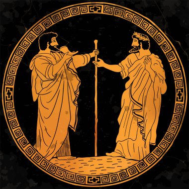 Antik Yunan giysileri içinde iki yaşlı boynuzdan şarap içer ve konuşur. Antika tabaklarda milli süs eşyasıyla bir çerçeve çizmek.