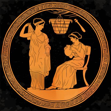 İki eski Yunan kadın ellerinde bir sürahi ile konuşuyorlardı. Antika bir tabağın altına resim çiziyorum..