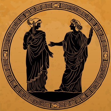 Antik Yunan tuniğinde elinde papirüs tomarı olan genç bir adam genç bir kadın için şiir okuyor ve hareketler yapıyor..