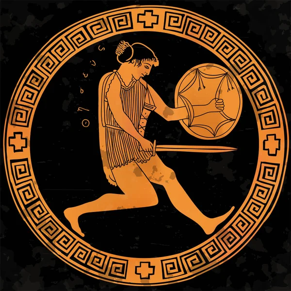 Starověký Řecký Hrdina Theseus Mečem Štítem Rukou Připravuje Útok Kresba — Stockový vektor