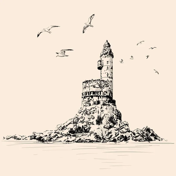 Phare Sur Bord Mer Rocheux Les Mouettes Survolent Falaise Dessin — Image vectorielle