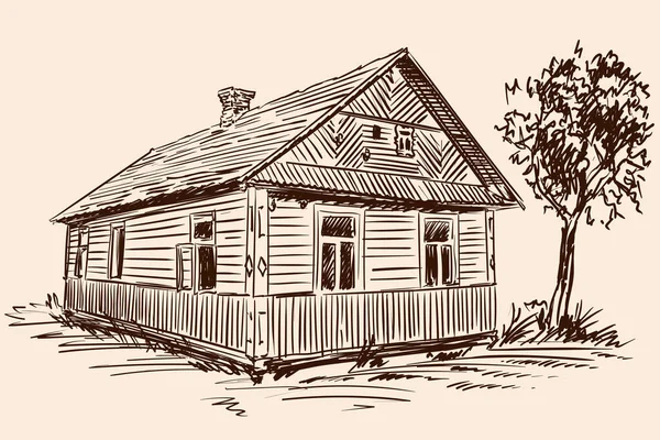 Boceto Mano Sobre Fondo Beige Antigua Casa Madera Rústica Árbol — Vector de stock