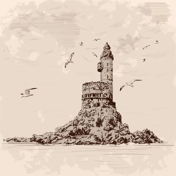 Phare Sur Bord Mer Rocheux Les Mouettes Survolent Falaise Dessin — Image vectorielle