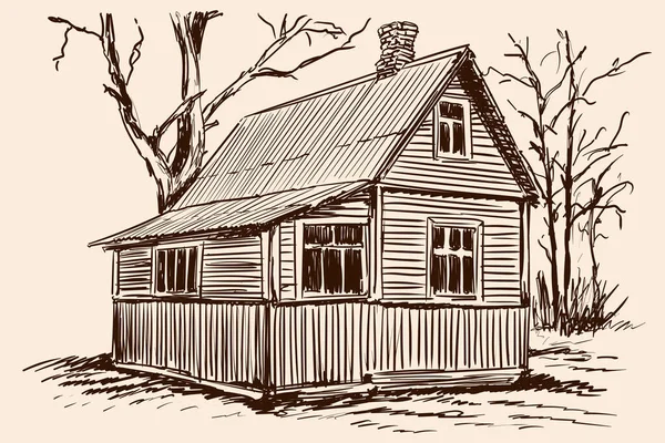 ベージュの背景に手のスケッチ 古い素朴な木造の家や建物の近くの木 — ストックベクタ