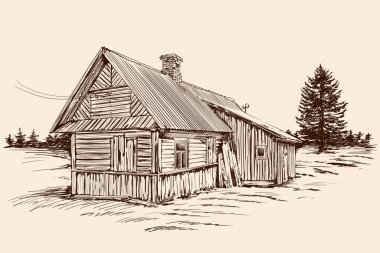 Bej bir arka planda el çizimi. Rus tarzında eski bir ahşap ev ve bina yakınında ladin ağacı..