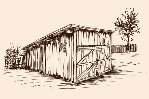 Ein Alter Dorfviehstall Mit Verschlossenen Türen Handskizze Auf Beigem Hintergrund — Stockvektor