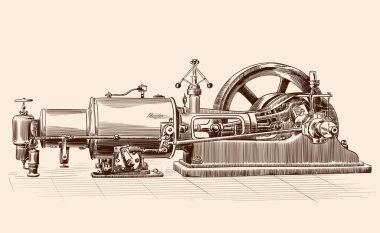 Sketch of an old steam engine with a boiler, a flywheel and a piston mechanism. clipart