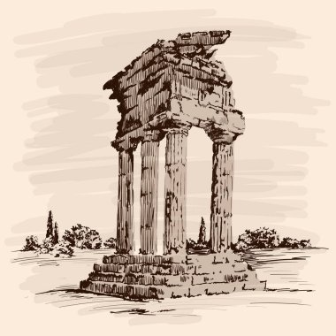 Eski bir Yunan tapınağının taş kalıntıları. Çatı, sütunlar ve adımlar bej arkaplanda.