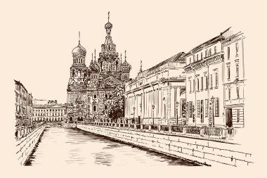 St. Petersburg 'un Embankment caddesi. Tapınak manzaralı ve klasik tarzda binalar. Bej bir arkaplanda el yapımı çizim.
