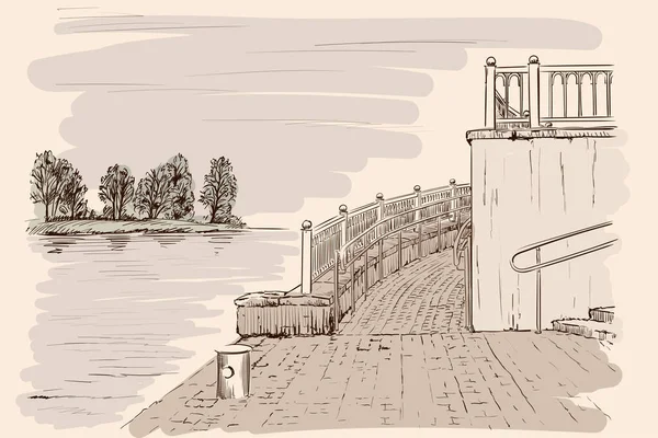 Paysage Remblai Pour Bateau Tourisme Croquis Fait Main Sur Fond — Image vectorielle