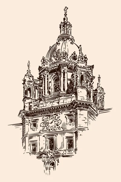 The dome of the cathedral in the classical style with arches, statues and clocks. Sketch on a beige background.