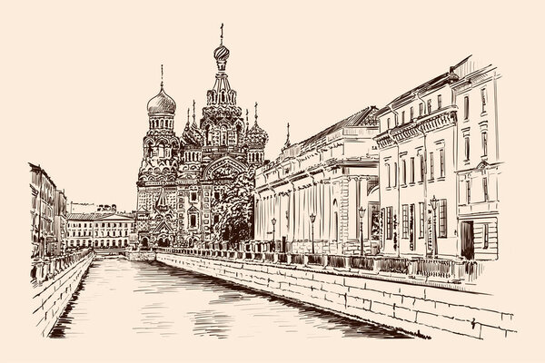 Набережная Санкт-Петербурга с видом на храм и здания в классическом стиле. Ручной эскиз на бежевом фоне.