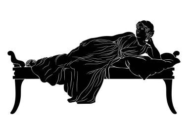 Genç bir Yunan kadını beyaz arka planda yastıkla yatar..