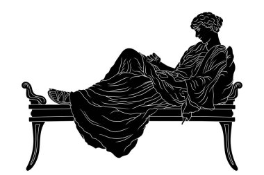 Antik Yunan 'da genç bir kadın yastıkla yatağa uzanır ve beyaz arka planda izole edilmiş kâseden meyve yer..