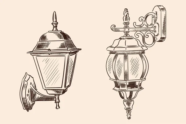 街路灯のための古典的なスタイルで壁ランプをぶら下げ ベージュ地に手作りスケッチ — ストックベクタ