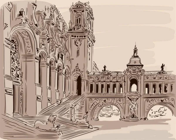 古典的なロココ様式の建物のファサードの手のスケッチ アーチと階段を持つ宮殿広場 — ストックベクタ