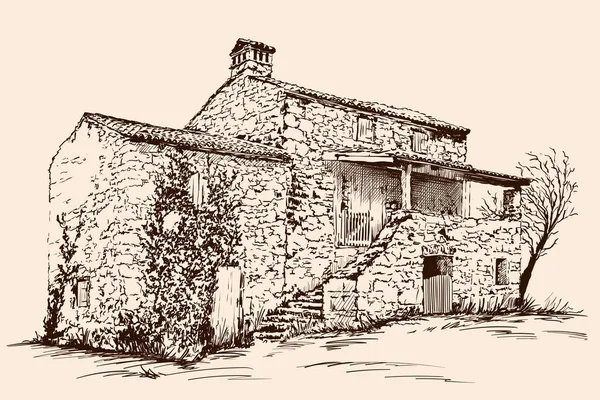 瓦屋根の石造りの家と古い中庭 ベージュ地に手描き — ストックベクタ