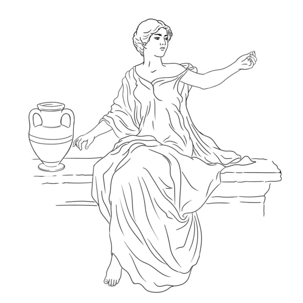 Antik Yunan Tuniğinde Genç Narin Bir Kadın Bir Sürahi Şarap — Stok Vektör