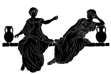 İki eski Yunan genç ve güzel kız kardeş şarap ve suyla dolu taştan bir korkulukta oturuyorlar. Beyaz arkaplanda izole edilmiş rakamlar.