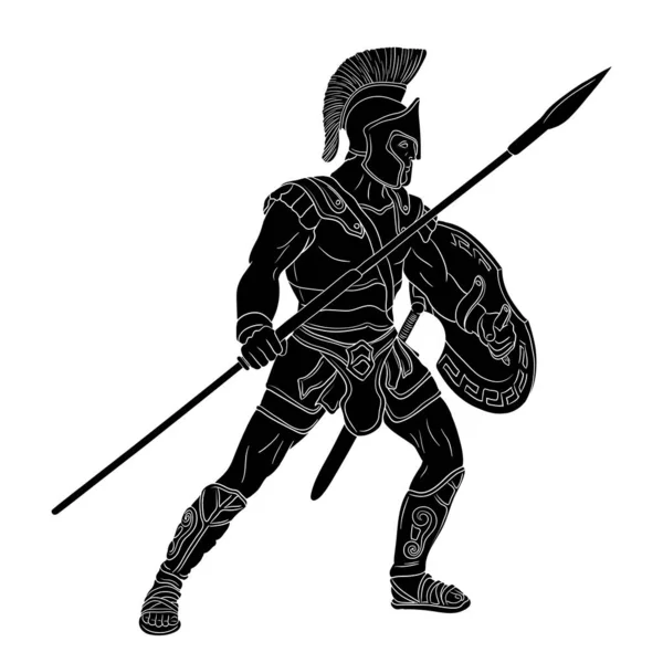 Ancient Greek Warrior Spear Shield His Hands Standing Ready Attack — Stock Vector