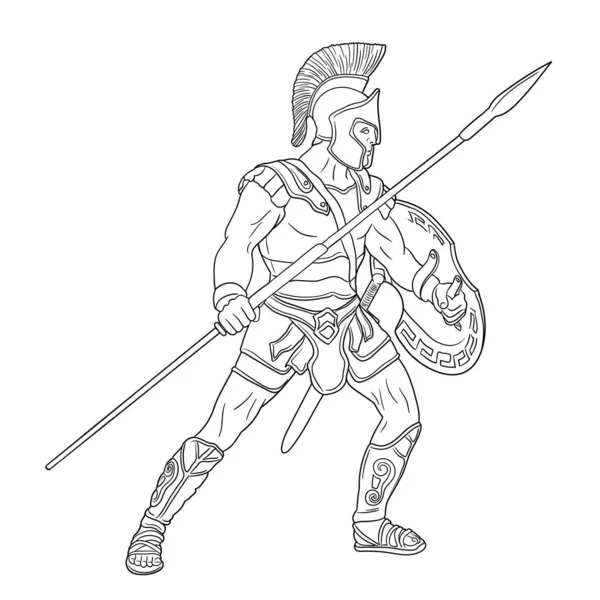 Oude Griekse Krijger Met Speer Schild Zijn Handen Staat Klaar — Stockvector