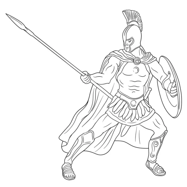 槍と盾を手にした古代ローマの戦士は攻撃の準備ができています 白を基調としたベクトルイラスト — ストックベクタ