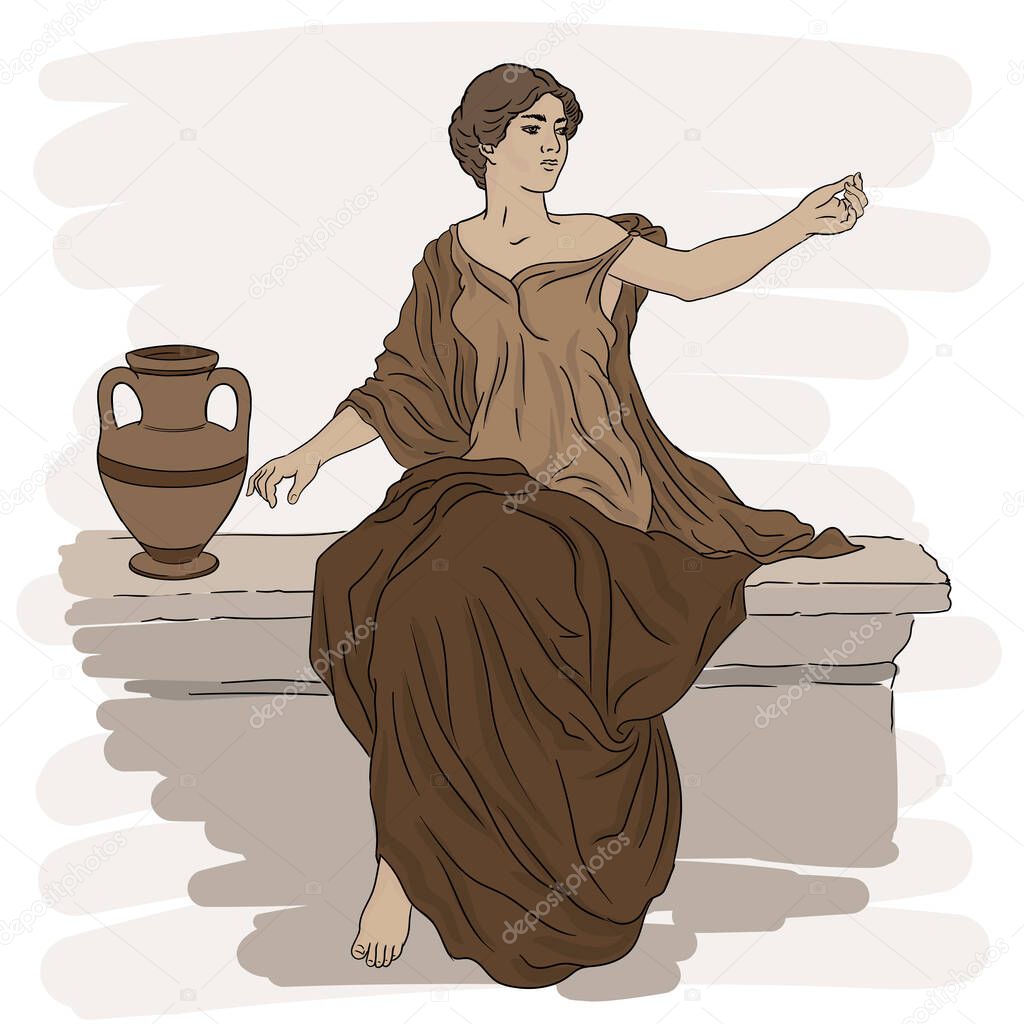 A young slender woman in an ancient Greek tunic sits on a stone parapet next to a jug of wine and gestures.