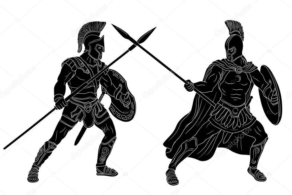 An ancient Greek warrior and a Roman legionnaire in armor and helmets are fighting on spears with shields in their hands. Vector illustration isolated on white background.