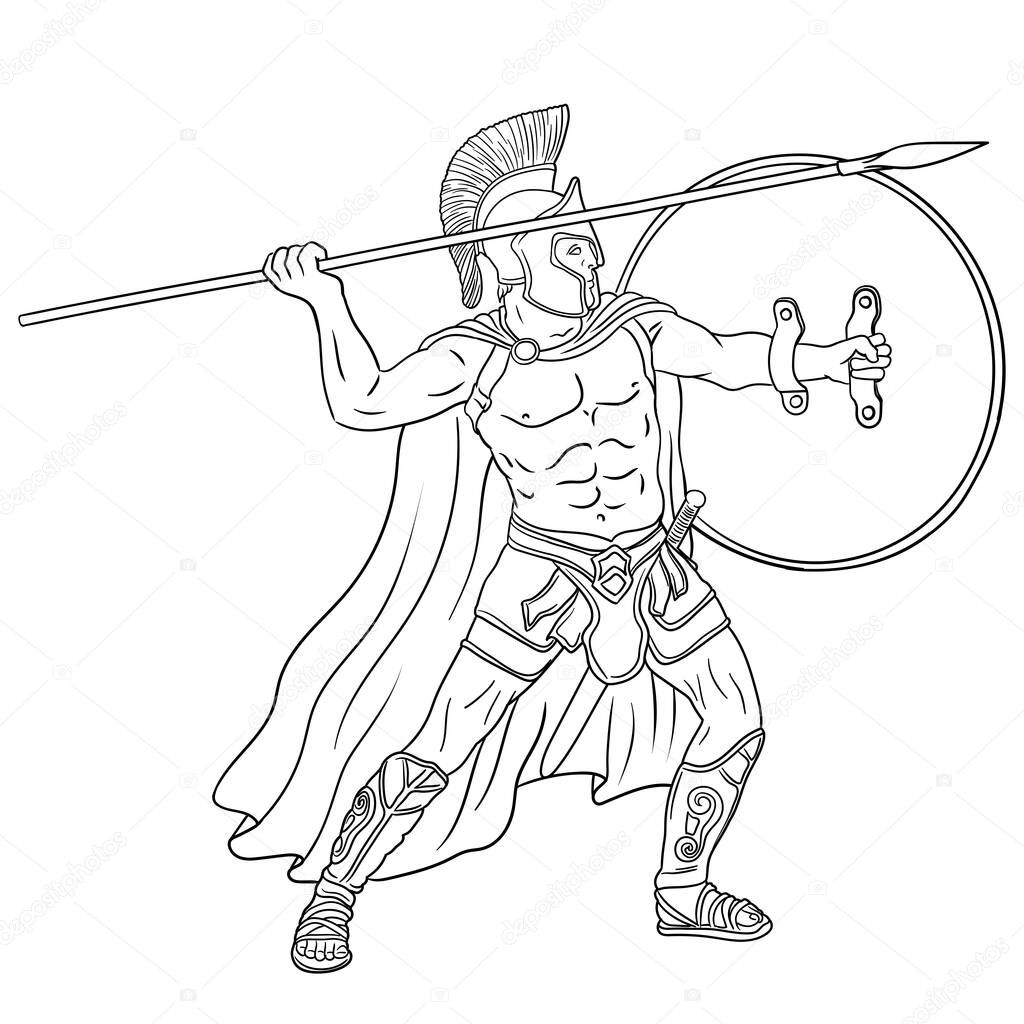 Ancient Greek warrior with a spear and shield in his hands is standing ready to attack. Vector illustration isolated on white background.