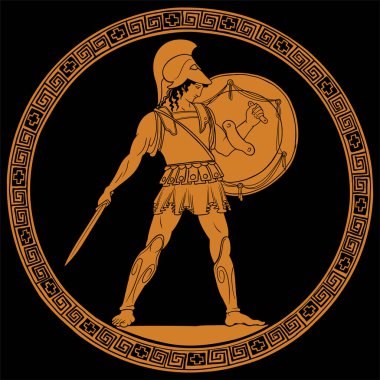 Elinde kılıç ve kalkanla antik Yunan savaşçısı saldırmaya hazır. Seramik bir tencerenin altına çizim yapmak.