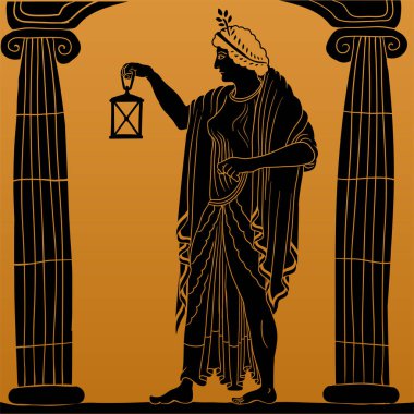 Kafasında defne çelengi olan, iki kolon arasında duran ve elinde fener tutan antik Yunan genç bir kadın..