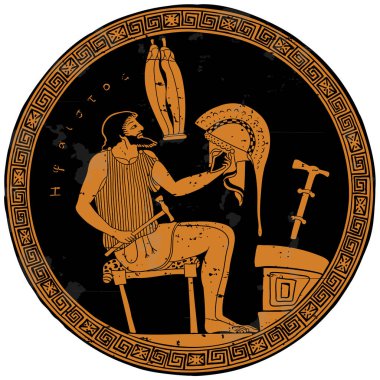 Antik Yunan tanrısı Hephaestus bir sandalyeye oturur ve bir savaşçı için bir kask yaratır. Seramik bir tencerenin altına çizim yapmak.