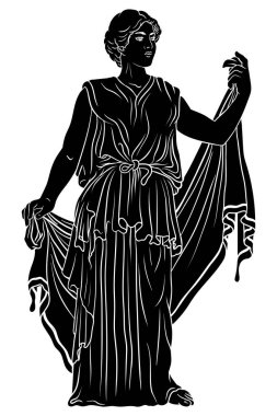 Tunik ve pelerinli antik Yunan genç bir kadın başını çevirir ve el kol hareketi yapar..