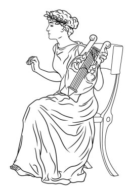 Antik Yunan kadın sanat tanrıçası elinde bir arp ve kafasında defne çelengi ile.