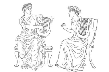 Kafalarında defne çelenkleri, ellerinde arpları olan iki antik Yunan kadını müzik çalıyorlar..
