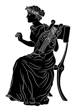 Antik Yunan kadın sanat tanrıçası elinde bir arp ve kafasında defne çelengi ile.