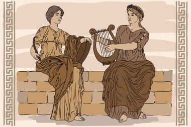 Kafalarında defne çelengi, ellerinde arp ve tef olan iki antik Yunan kadını müzik çalıyorlar..