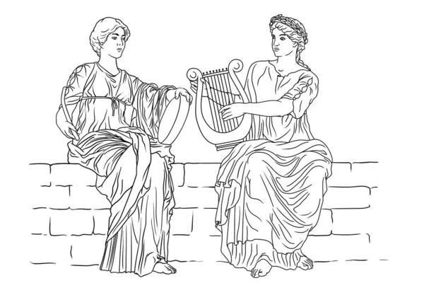 Две Древнегреческие Женщины Лавровыми Венками Голове Арфами Бубном Руках Играют — стоковый вектор