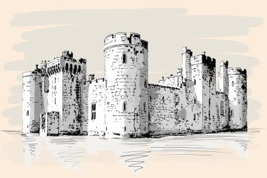 Deniz kıyısında kuleleri ve kemerleri olan ortaçağ taş kalesi..