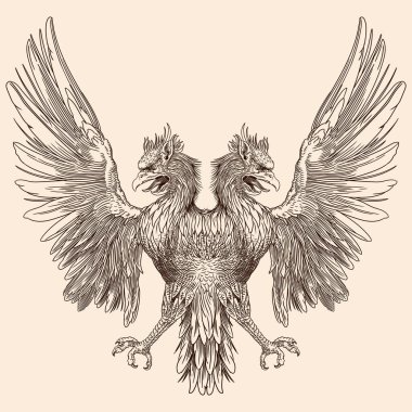 Kanatları açık iki başlı kartal. Bej arkaplanda Heraldik işaret izole edildi.