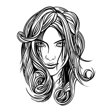 Vektör görüntüsü, uzun dalgalı saçlı güzel bir kızın yüzü çerçeveye bakıyor..