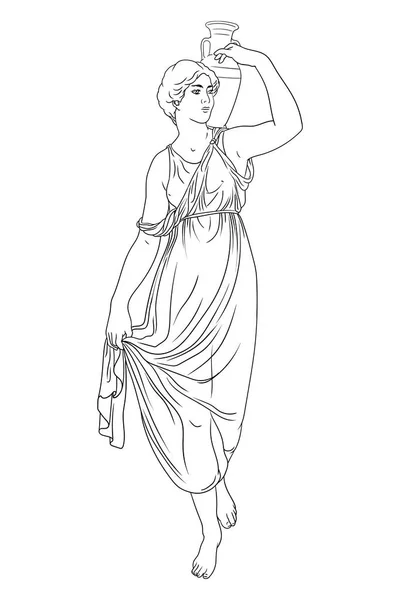 Молодая Стройная Древнегреческая Женщина Стоит Держит Глиняный Кувшин Плече — стоковый вектор