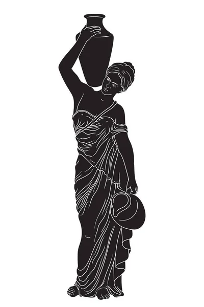 Молодая Стройная Древнегреческая Женщина Стоит Держит Глиняный Кувшин Плече — стоковый вектор